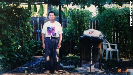 Green thumb: Selina Wang's grandfather in the family's yard, which they converted into a vegetable garden.