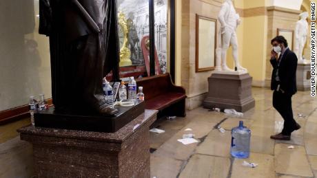 Damage is seen inside the US Capitol building early on January 7, 2021 in Washington, DC.
