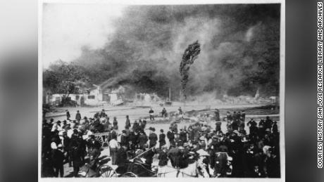 An arson fire destroys San Jose's Chinatown in 1887.