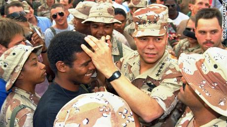 Colin Powell during a visit to an air base in Saudi Arabia, 1990