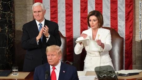 Pelosi appears to rip a copy of then-President Donald Trump's speech after he delivered the State of the Union address in 2020.