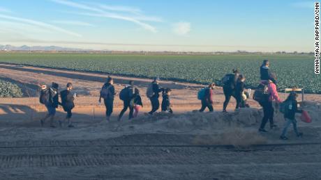 Migrants who have just crossed the border, walking into Yuma.