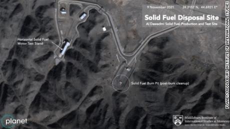 A satellite image captured on November 9 shows the &quot;burn pit,&quot; which is used to dispose of solid-propellant leftover from the production of ballistic missiles, post-burn cleanup.  