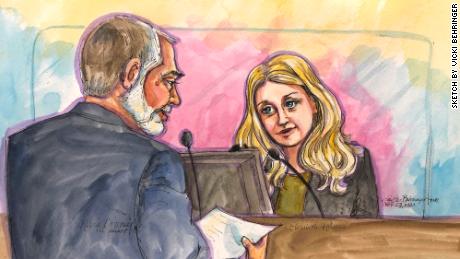 In this courtroom sketch, Holmes is seen answering questions from defense lawyer Kevin Downey. 