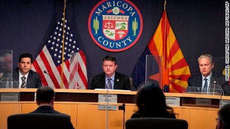 Maricopa County Board of Supervisors Thomas Galvin, left, Chairman Bill Gates, center, and Vice Chairman Clint Hickman listen to the response by election officials to claims about the 2020 election, in Phoenix on Wednesday, January 5, 2022.