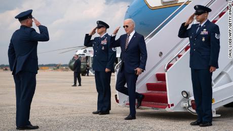 President Joe Biden disembarks from Air Force One upon arrival at Joint Base Andrews in Maryland, July 28, 2021, after traveling to Pennsylvania to speak on the economy. 