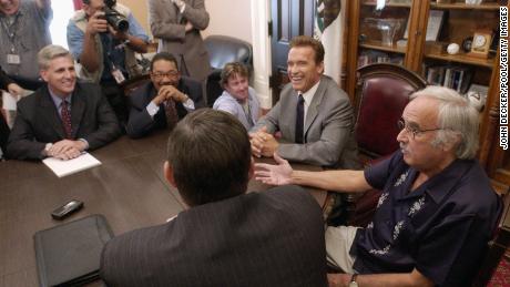 Then Republican Assembly Leader-elect Kevin McCarthy and then California Gov.-elect Arnold Schwarzenegger (center) meet with legislative leaders in the Capitol office of Senate Republican leader Jim Brulte (foreground) in October 2003 in Sacramento, California. 